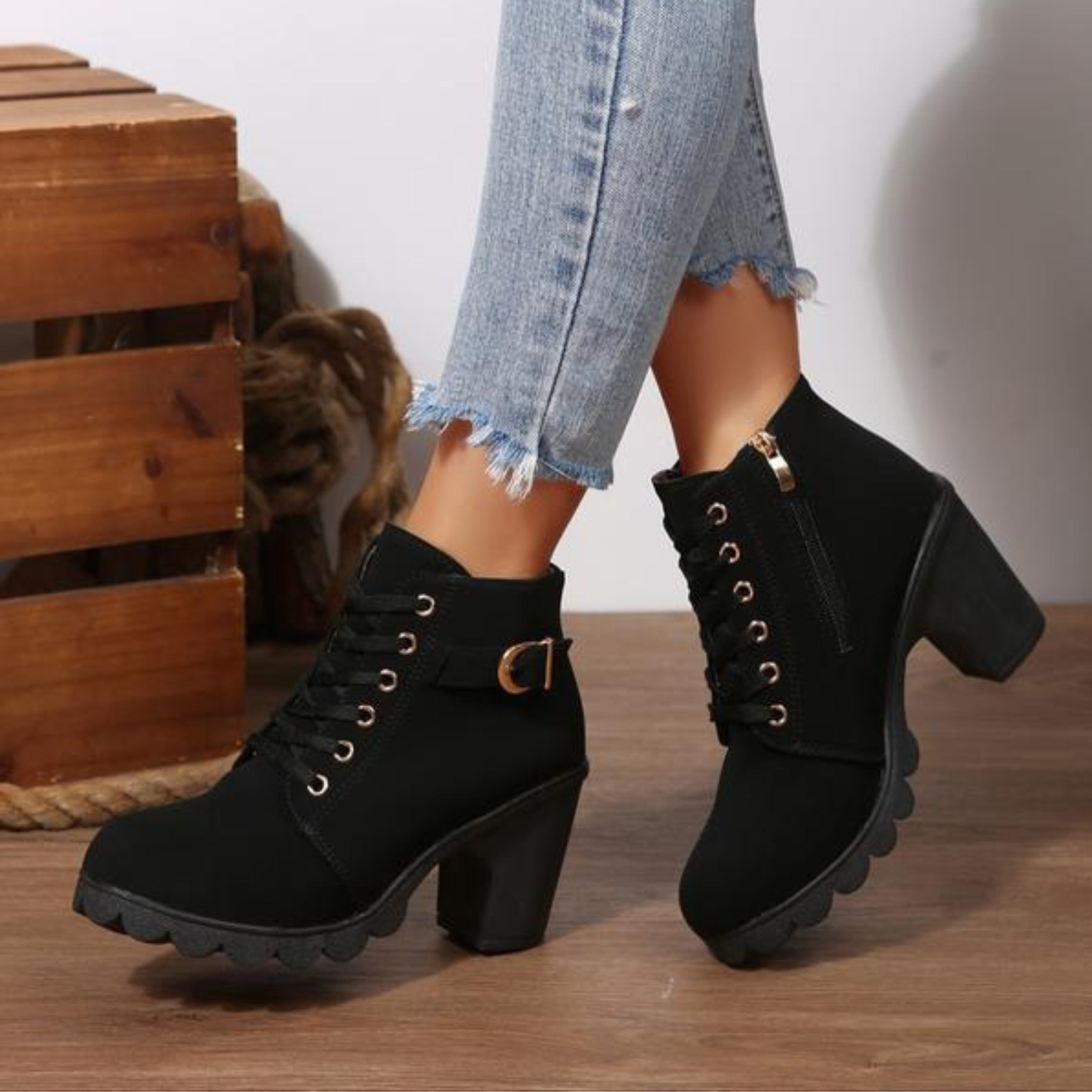 Lace Up Chunky Ankle Boots Women Faux Suede Metal Buckle Block Heel