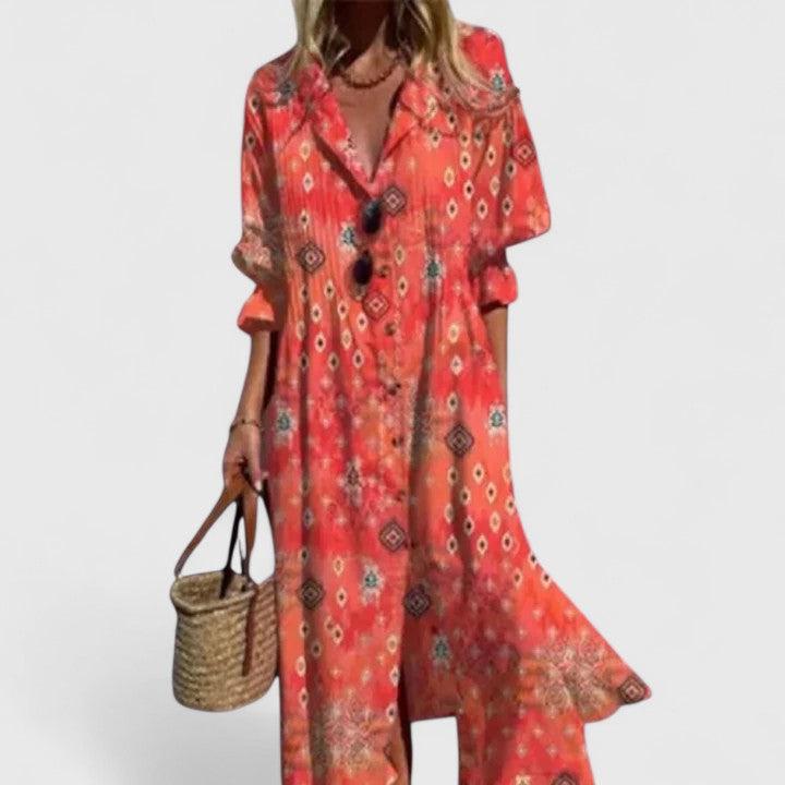 Women's Midi Dress Cotton Bohemian Print Short Sleeve
