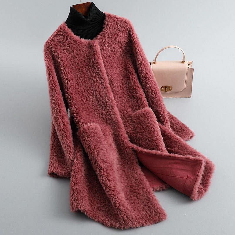 Cecily | Women's Mid-Length Teddy Coat with Round Neck and Patch Pockets