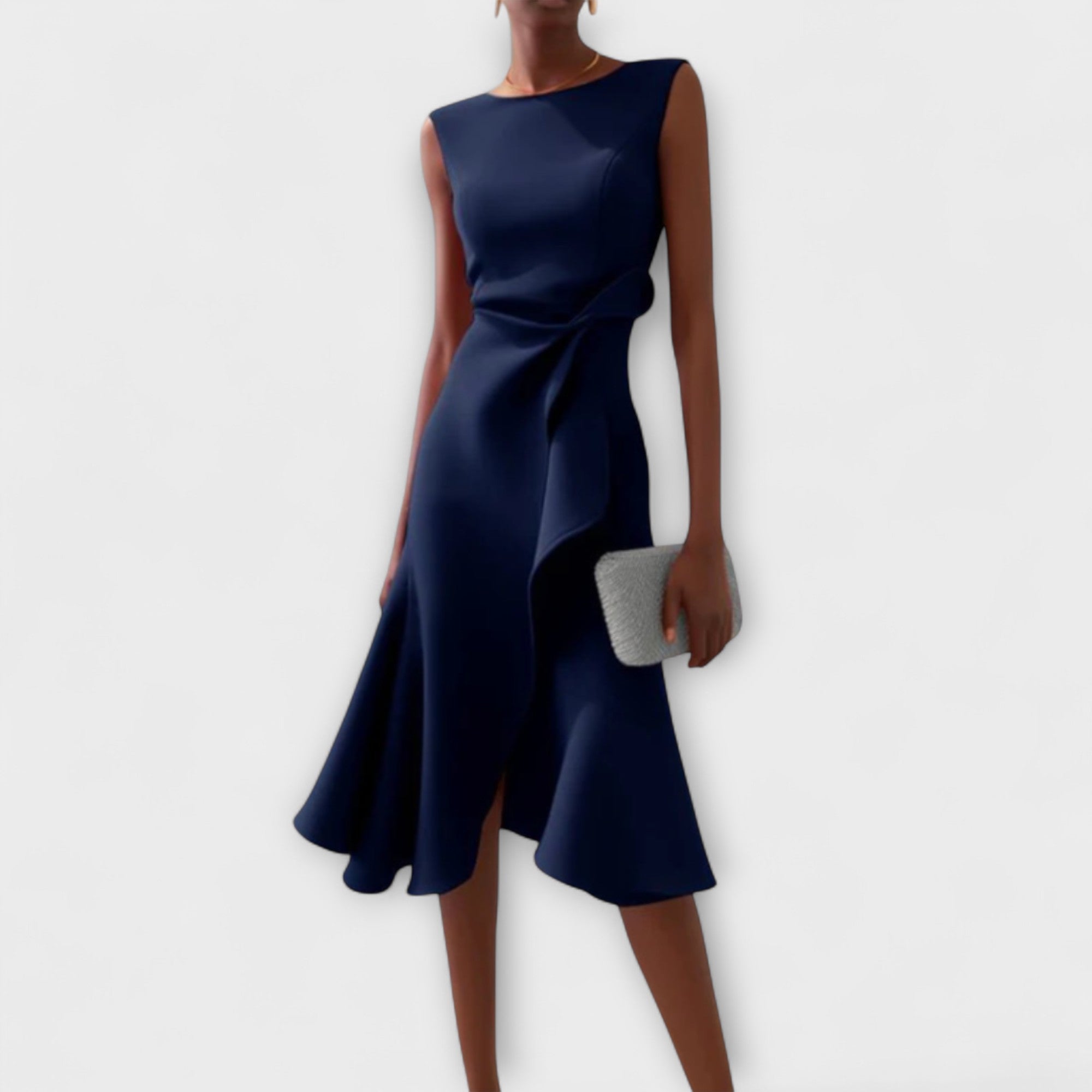 Women's Asymmetric Midi Dress Sleeveless Draped Hem Satin Fabric