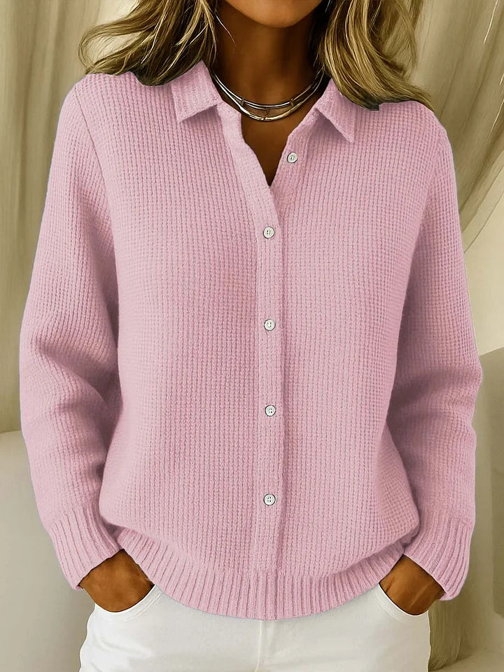 Women’s Collared Button-Front Cardigan with Textured Knit and Ribbed Trims