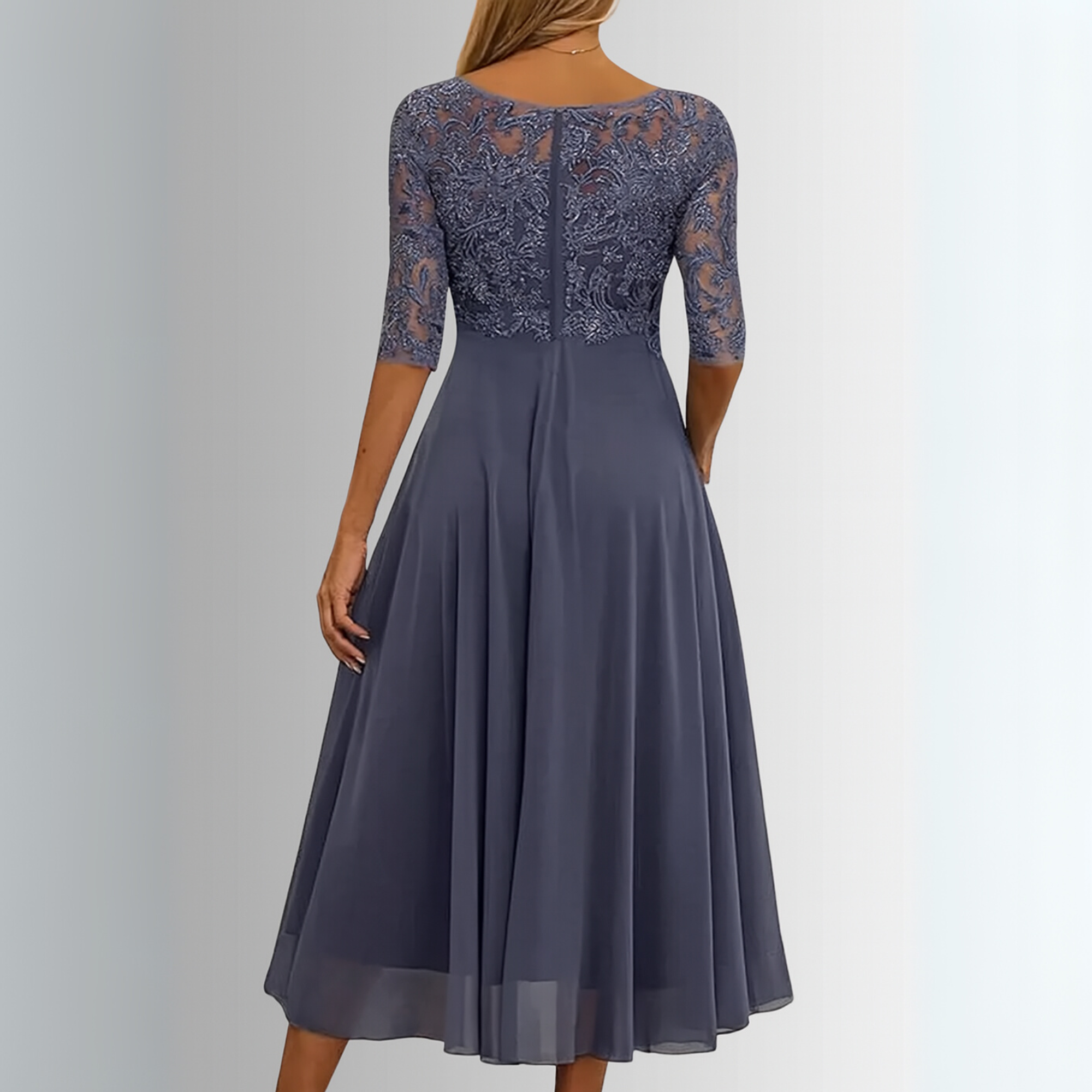 Women's Lace Midi Dress Chiffon Skirt Sheer Sleeve Floral Embroidered