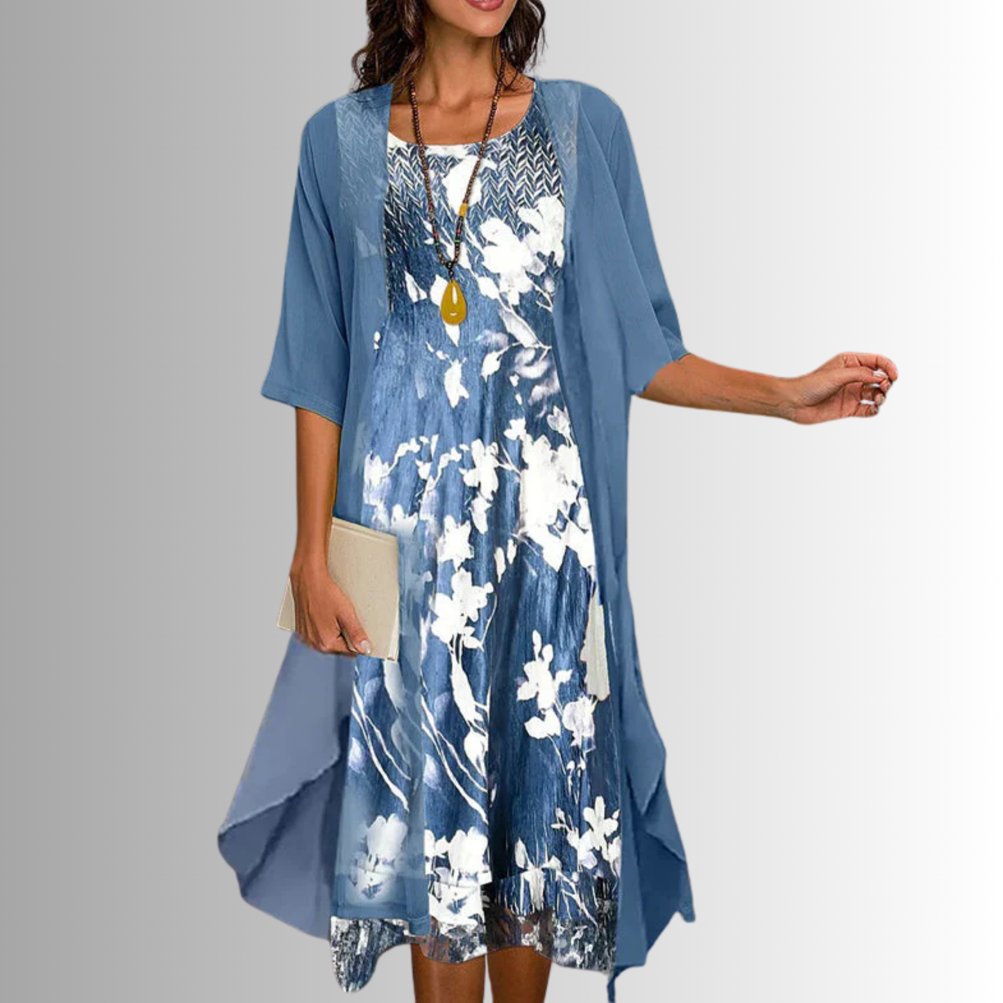 Women's Layered Midi Dress  Chiffon Fabric Open Front Duster
