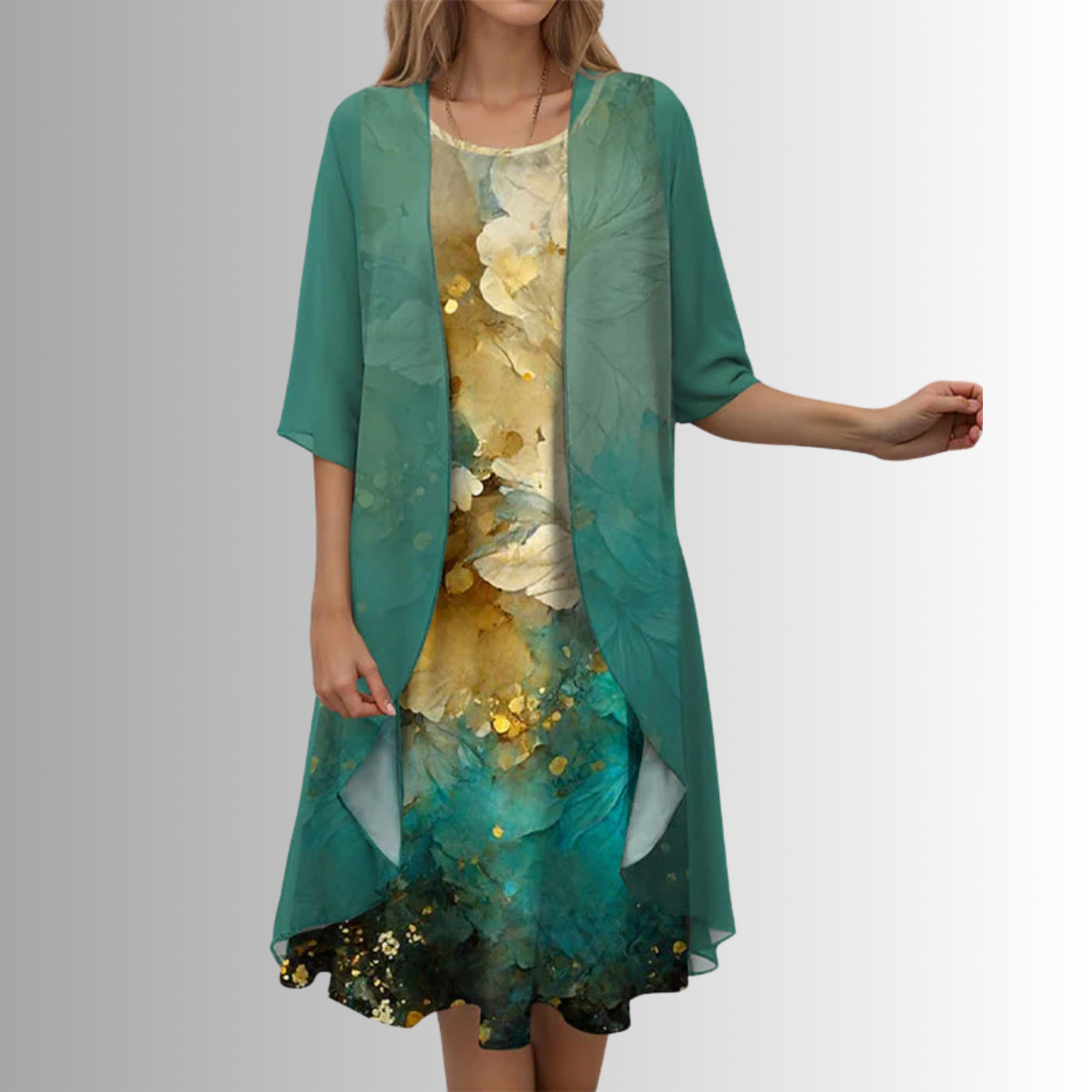 Women's Layered Midi Dress  Chiffon Fabric Open Front Duster