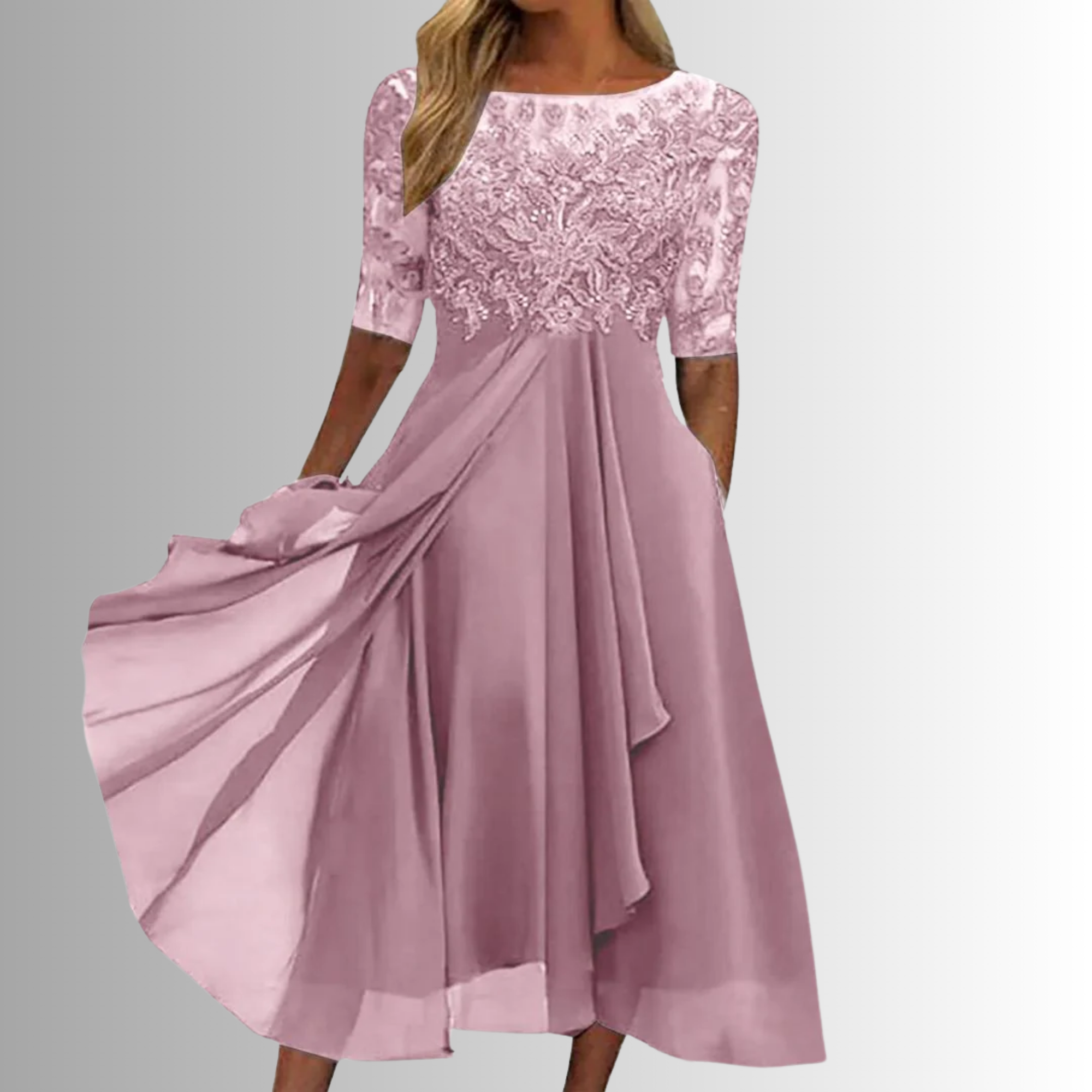 Women's Lace Midi Dress Chiffon Skirt Sheer Sleeve Floral Embroidered