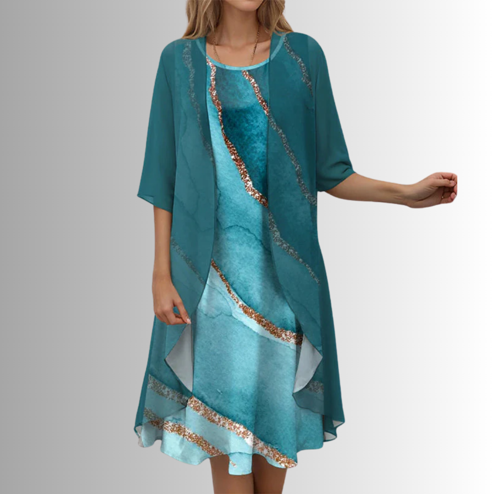 Women's Layered Midi Dress  Chiffon Fabric Open Front Duster