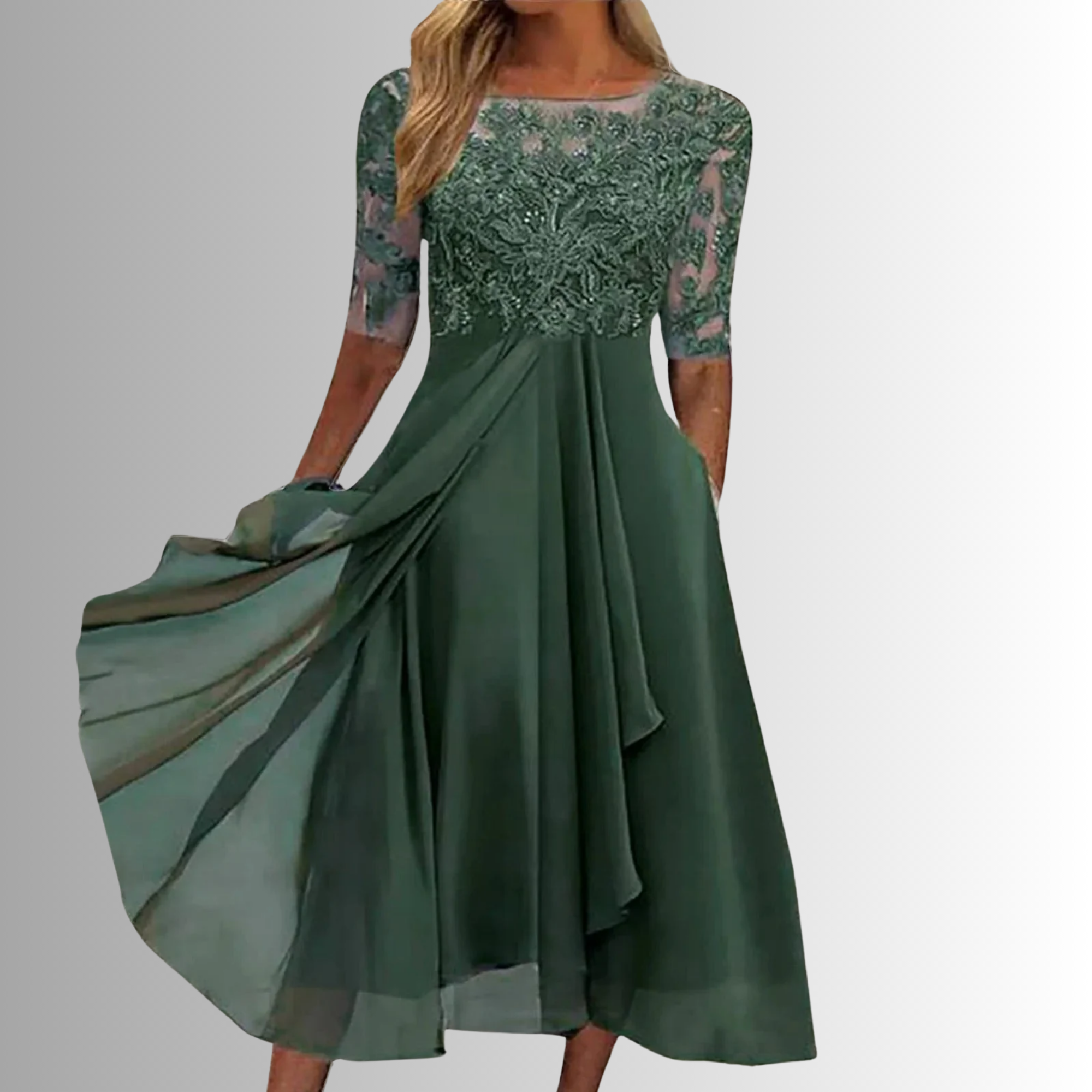 Women's Lace Midi Dress Chiffon Skirt Sheer Sleeve Floral Embroidered