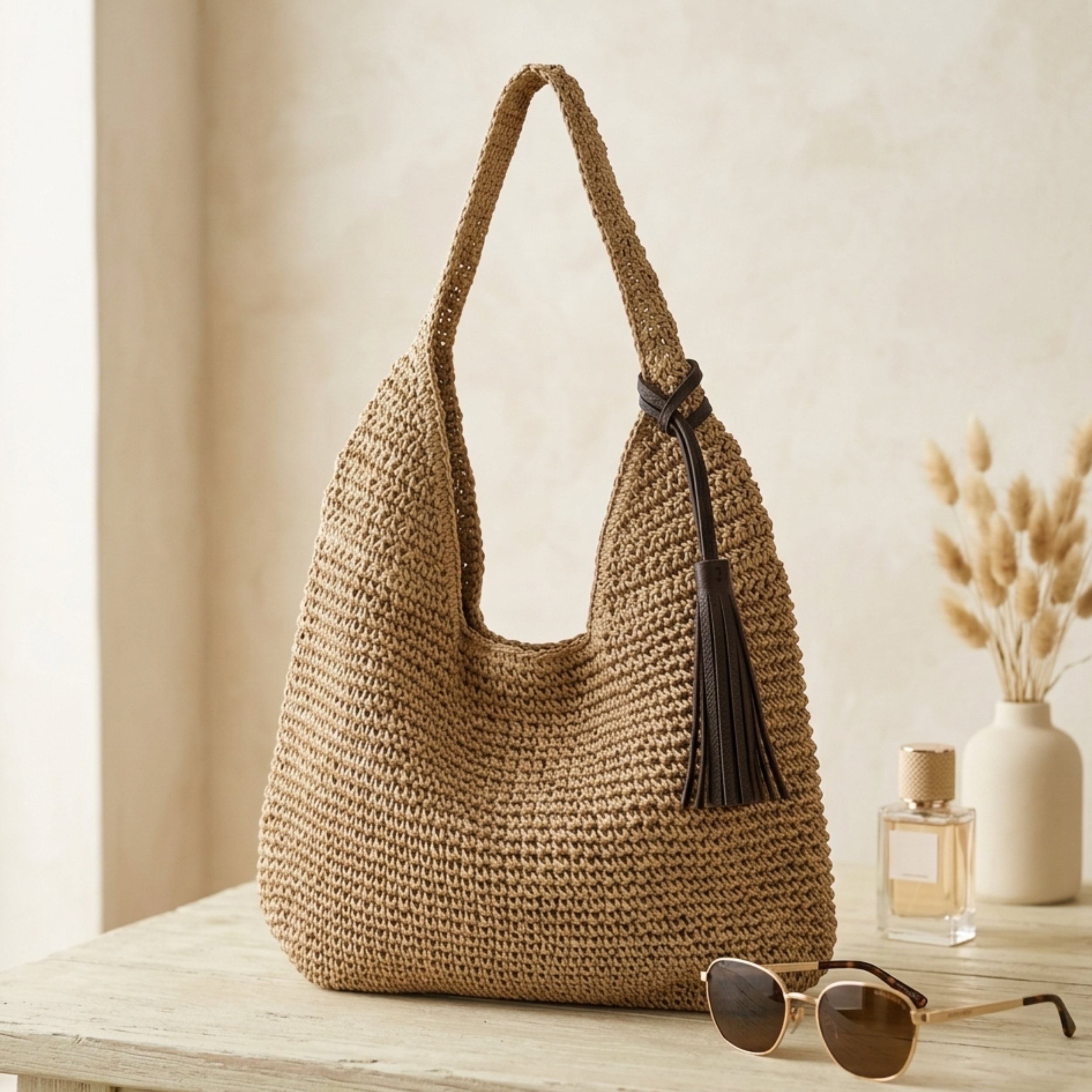 Women’s Straw Hobo Shoulder Bag with Handwoven Texture, Wide Handle and Tassel Detail
