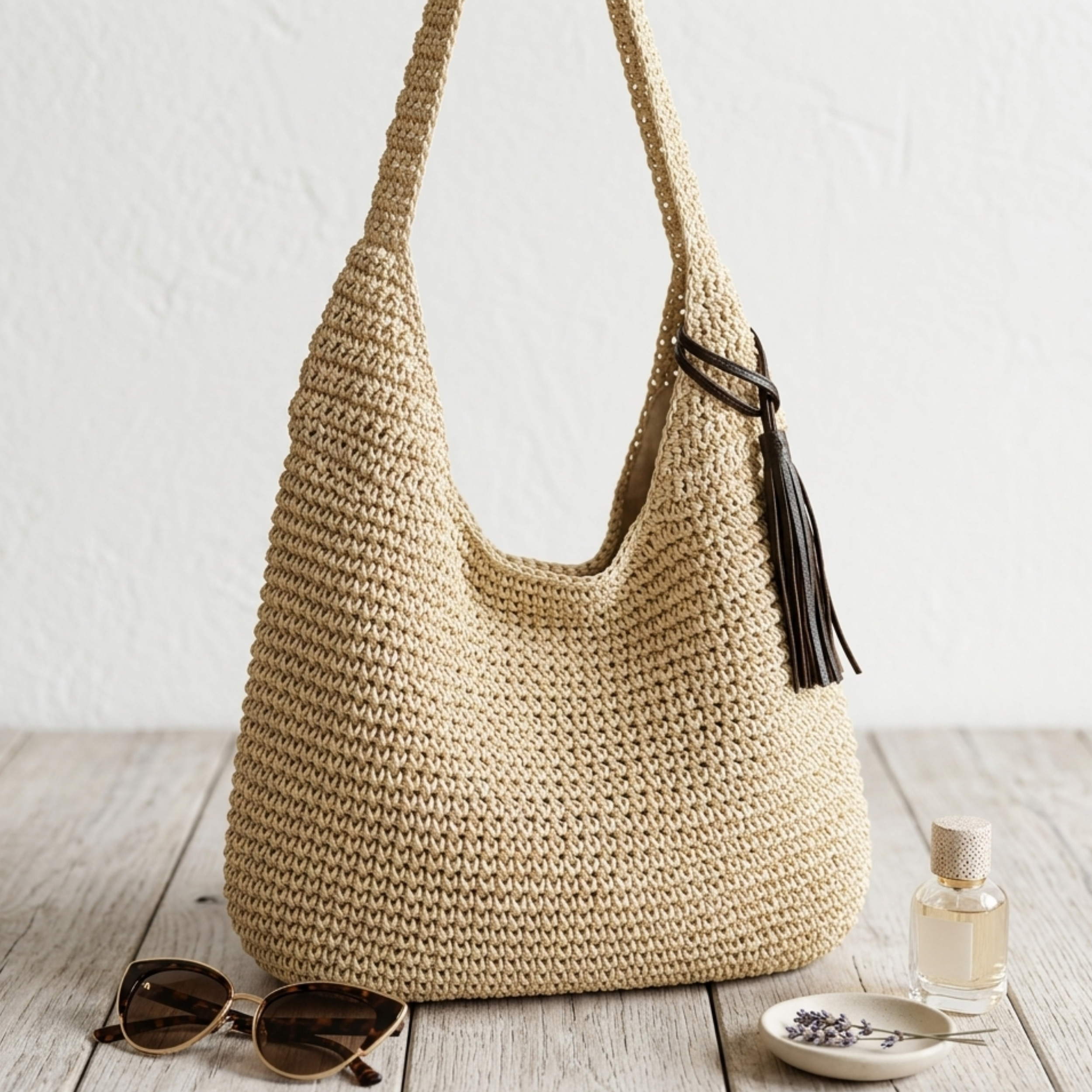 Women’s Straw Hobo Shoulder Bag with Handwoven Texture, Wide Handle and Tassel Detail