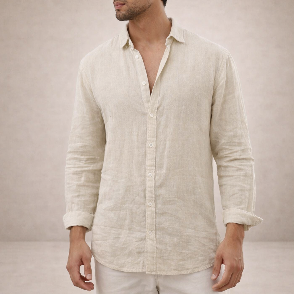 Casual Linen Shirt Men Linen Long Sleeve Open Collar Button Up Straight Fit