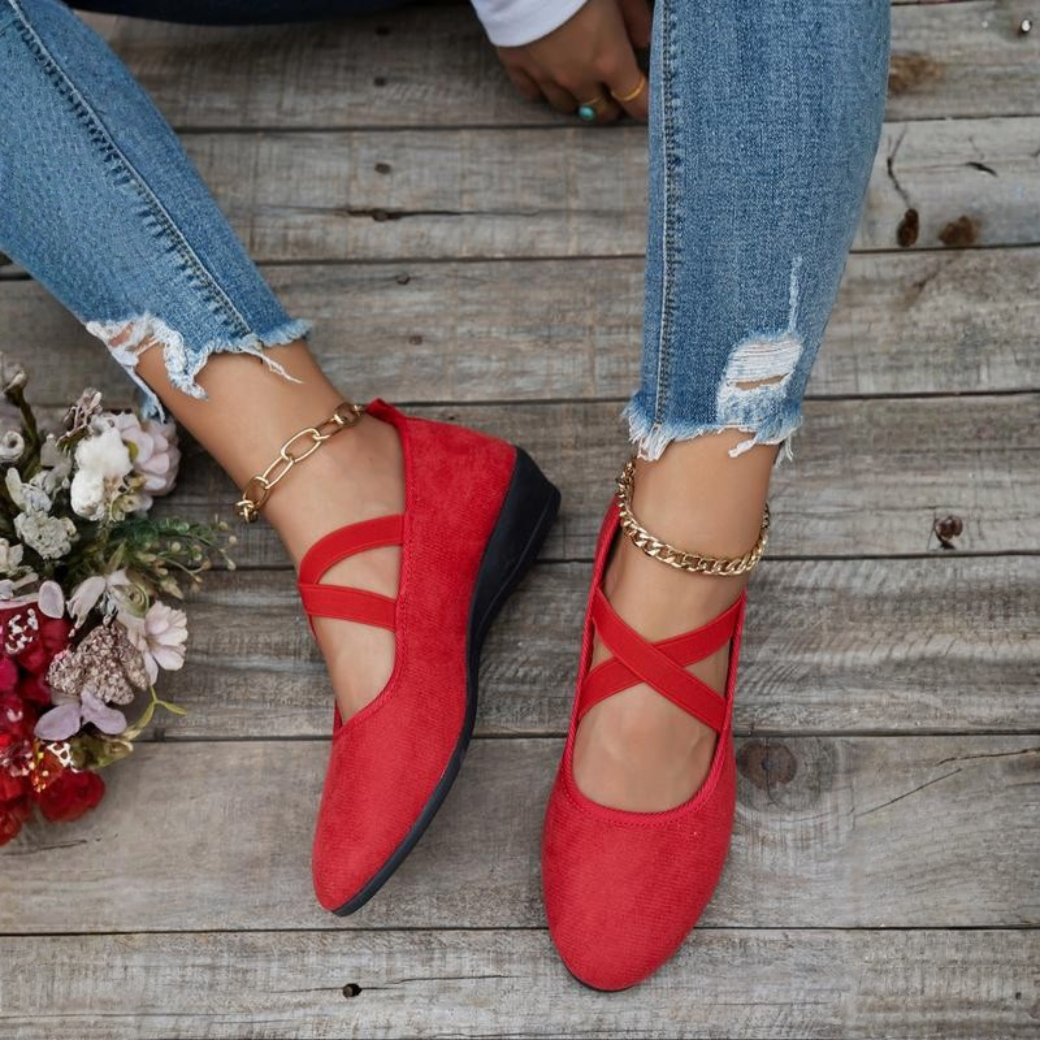 Closed Toe Wedge Ballerina Shoes Women Faux Leather Slip On Cushioned