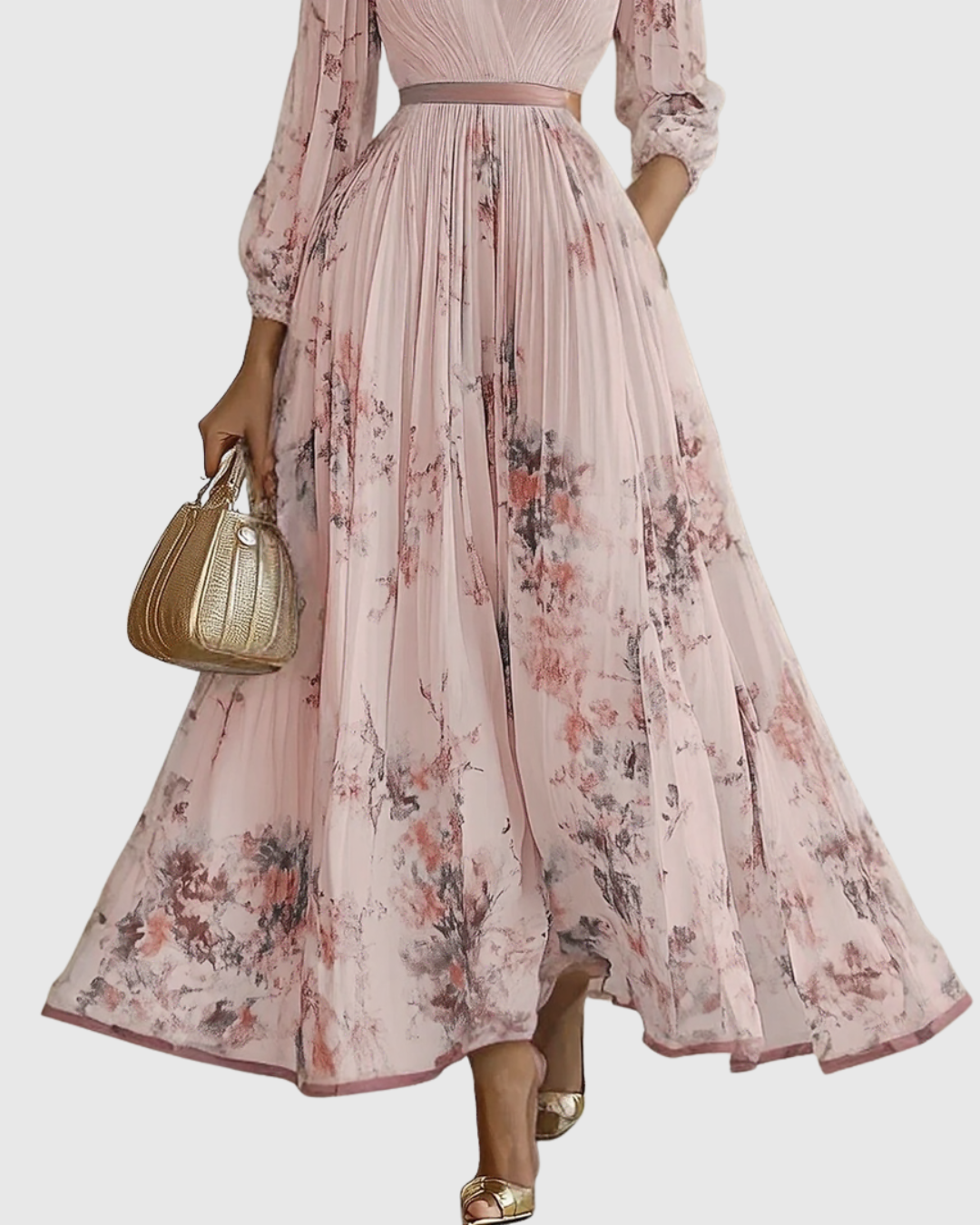 Women's Maxi Dress Cotton Pleated V Neck Floral Print