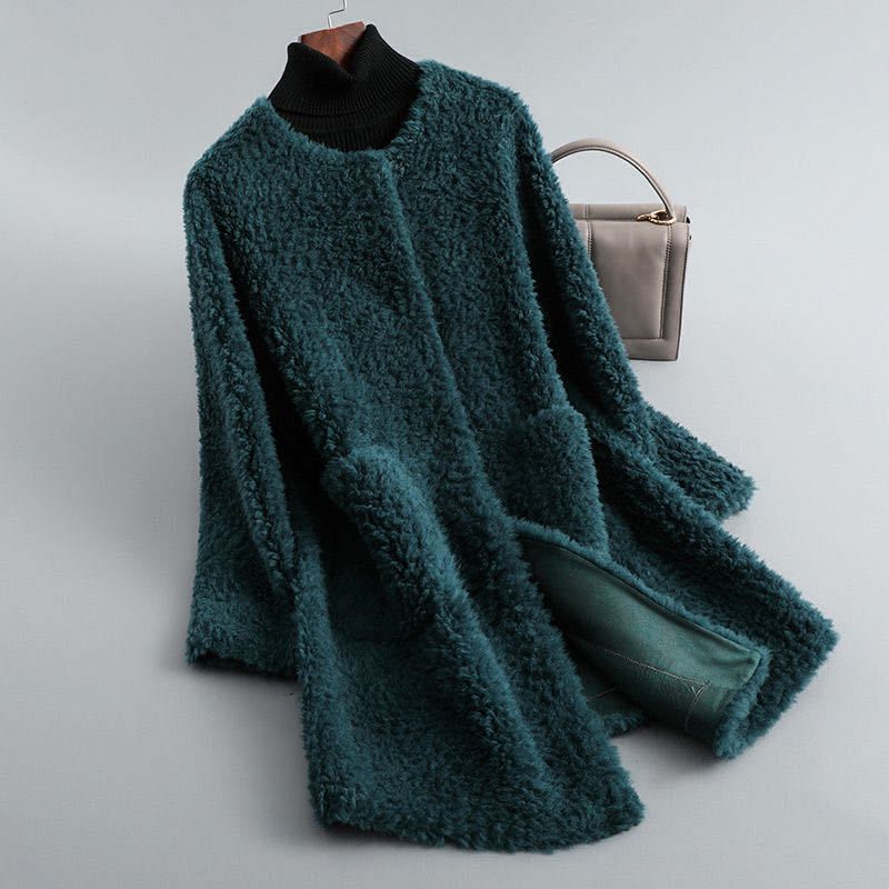 Cecily | Women's Mid-Length Teddy Coat with Round Neck and Patch Pockets