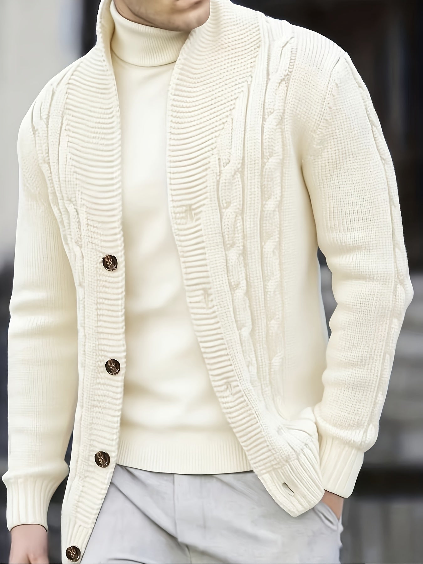 Men's Ribbed Knit Cardigan Wide Collar Regular Fit