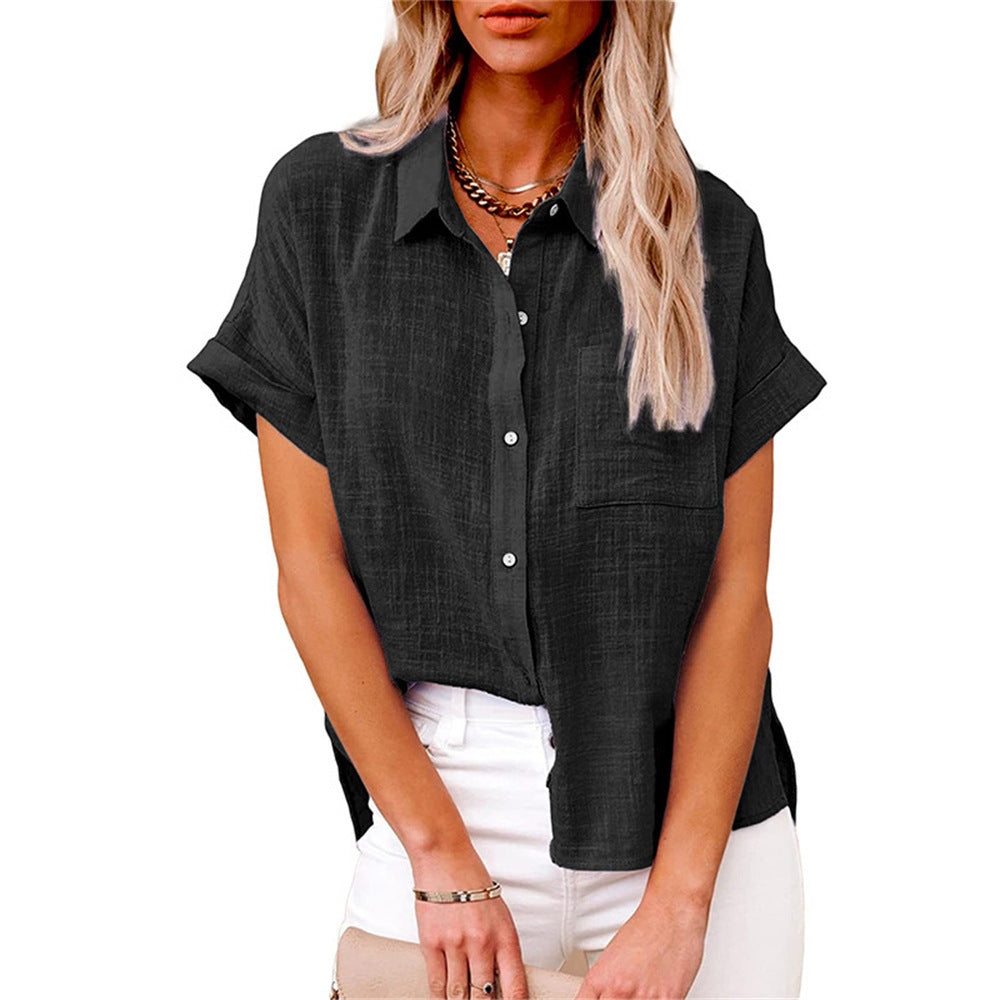 Women's Button Down Shirt Woven Fabric Short Sleeve Collar