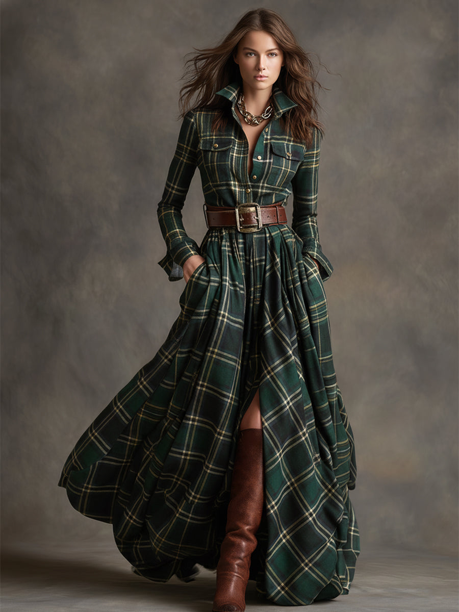 Women’s Belted Check Shirt Dress with Long Sleeves and Flared Skirt
