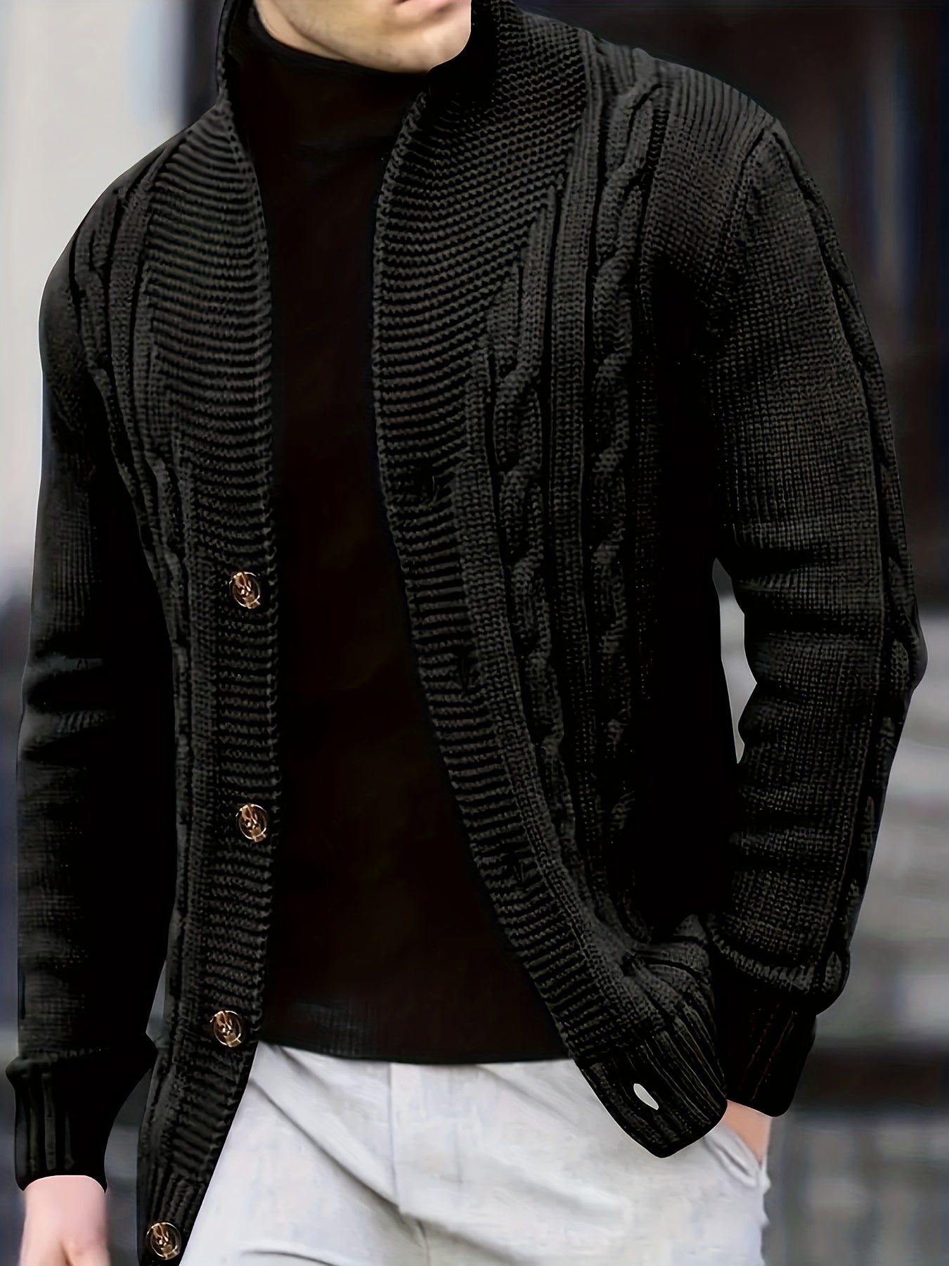 Men's Ribbed Knit Cardigan Wide Collar Regular Fit