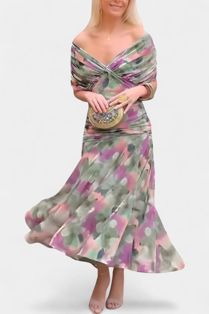 Floral Maxi Dress Women Soft Breathable Blend V Neck Flowing Fit