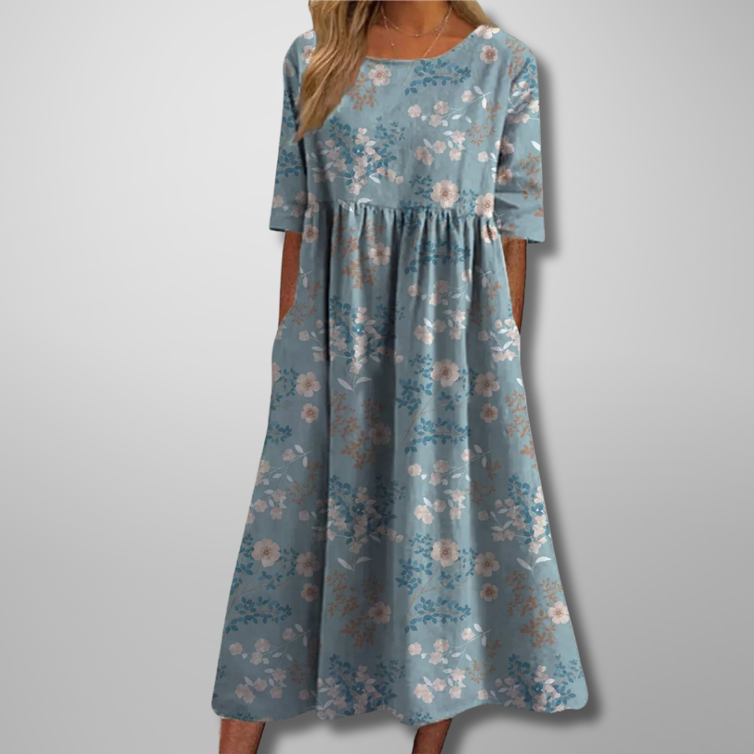 Midi Dress Women Cotton Floral Print Short Sleeve