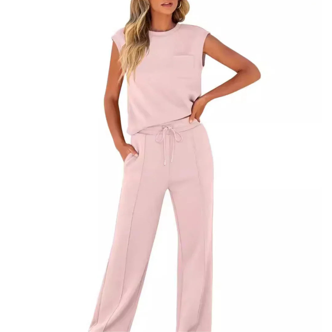 Sleeveless Crop Top Wide Leg Pants Co Ord Set Women Ribbed Fabric Drawstring Waist