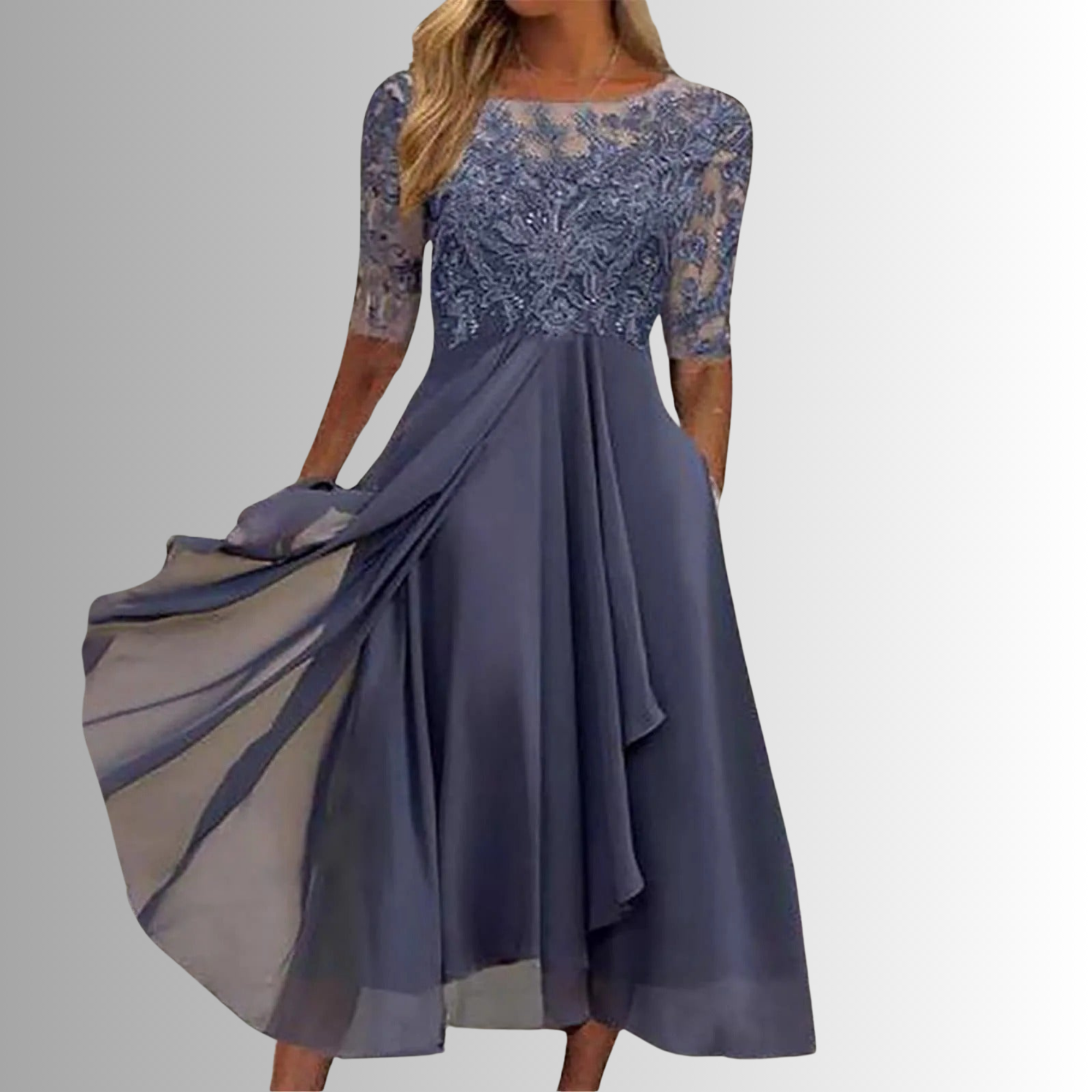 Women's Lace Midi Dress Chiffon Skirt Sheer Sleeve Floral Embroidered