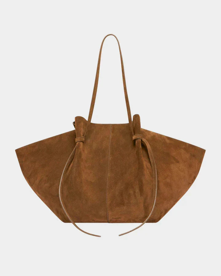 Women’s Faux Suede Tote Bag with Oversized Winged Shape and Tie Fastening