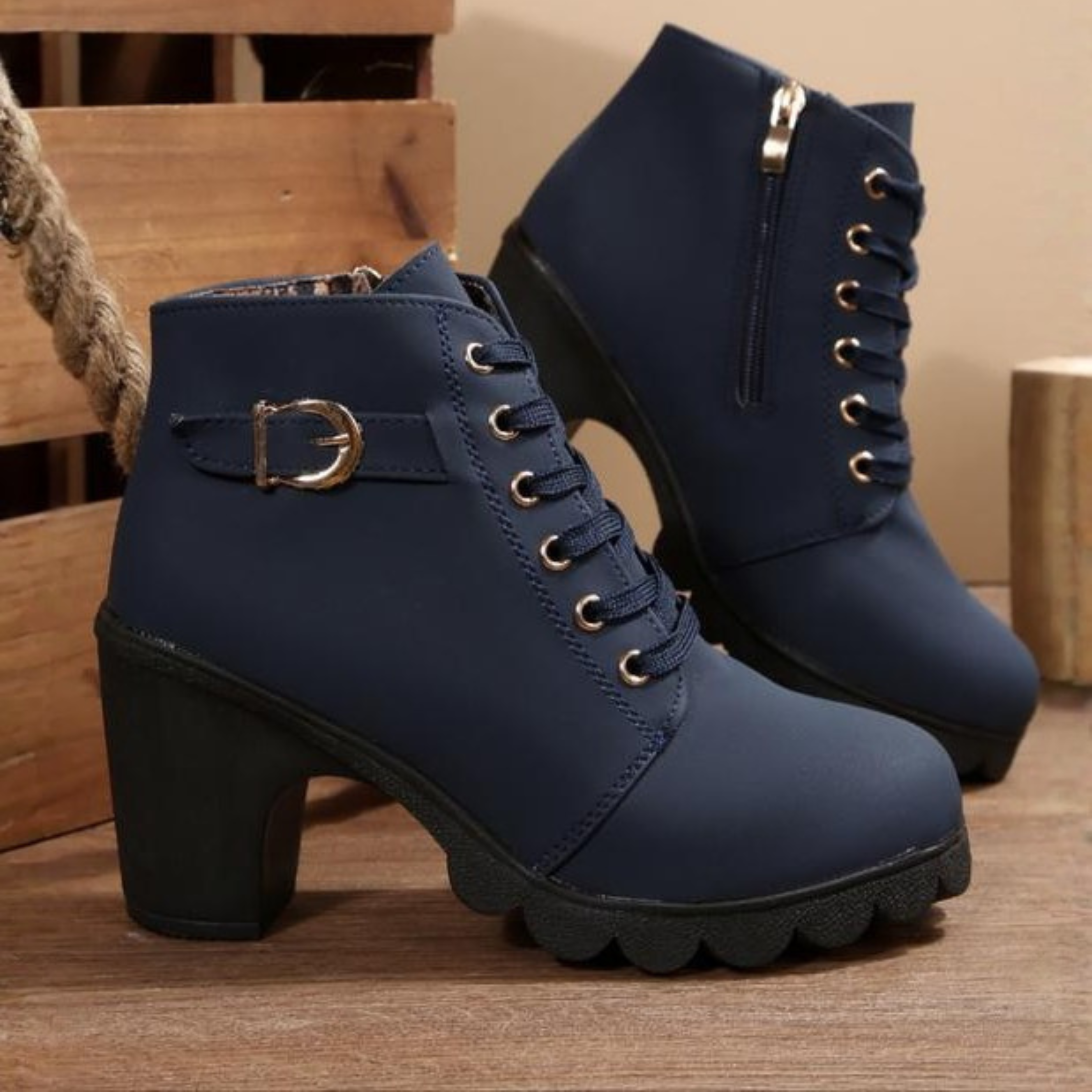 Lace Up Chunky Ankle Boots Women Faux Suede Metal Buckle Block Heel