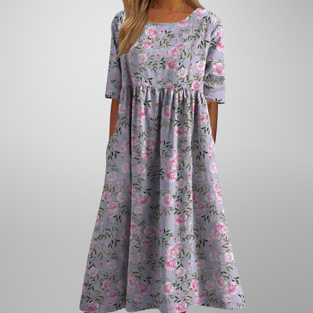 Midi Dress Women Cotton Floral Print Short Sleeve