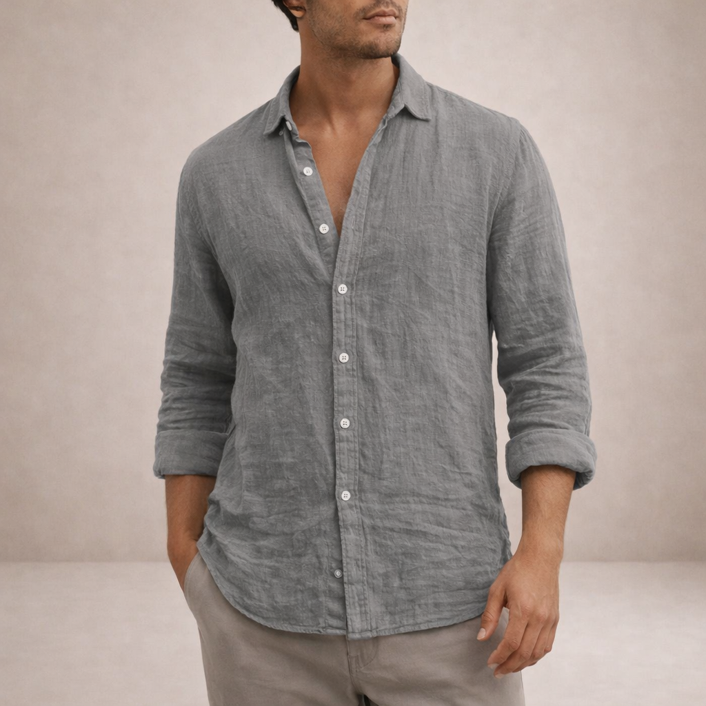 Casual Linen Shirt Men Linen Long Sleeve Open Collar Button Up Straight Fit