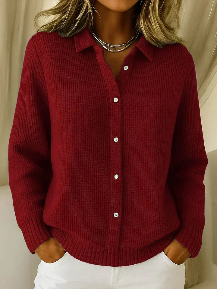Women’s Collared Button-Front Cardigan with Textured Knit and Ribbed Trims