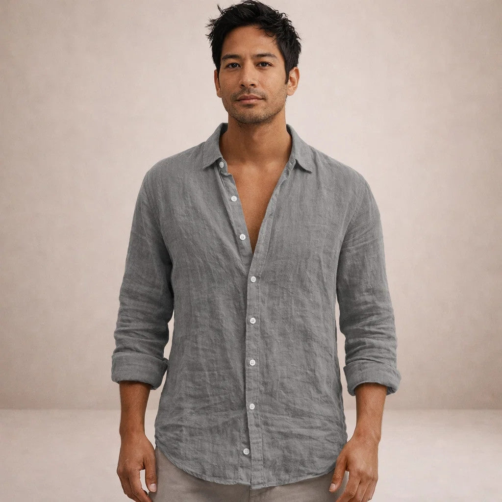 Casual Linen Shirt Men Linen Long Sleeve Open Collar Button Up Straight Fit