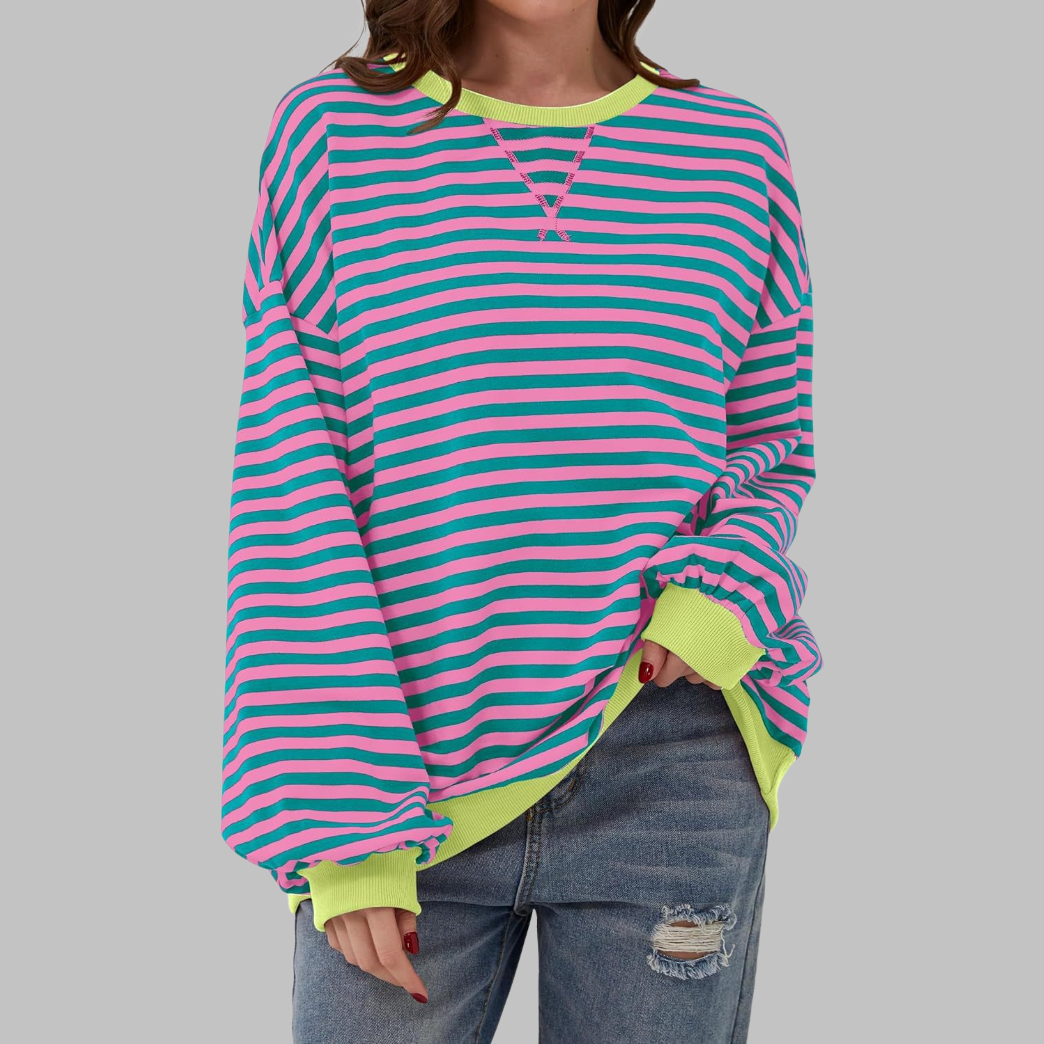 Long Sleeve Striped Shirt Women Round Neck Relaxed Fit