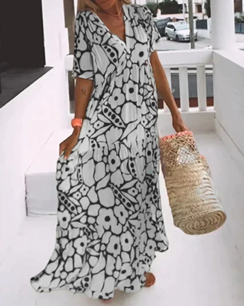 Women's Maxi Dress Woven Fabric V Neck Flutter Sleeve Relaxed Fit