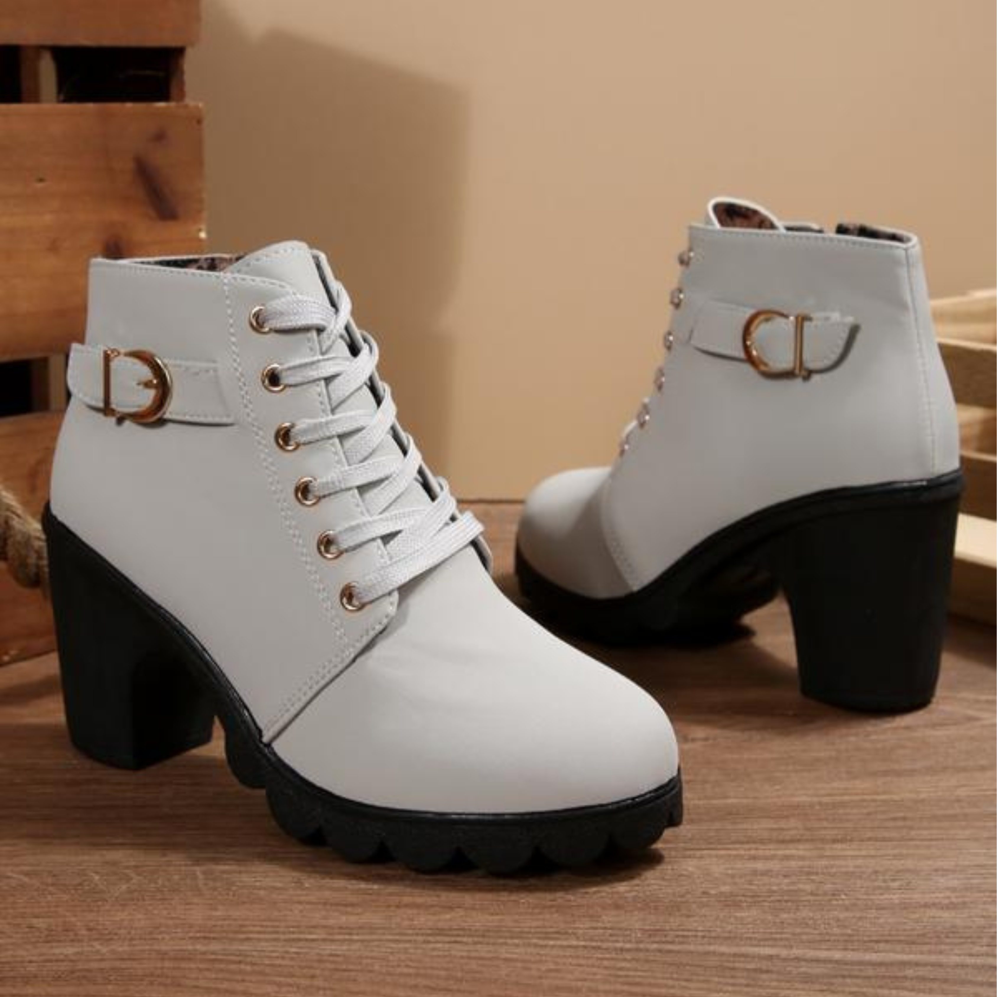 Lace Up Chunky Ankle Boots Women Faux Suede Metal Buckle Block Heel