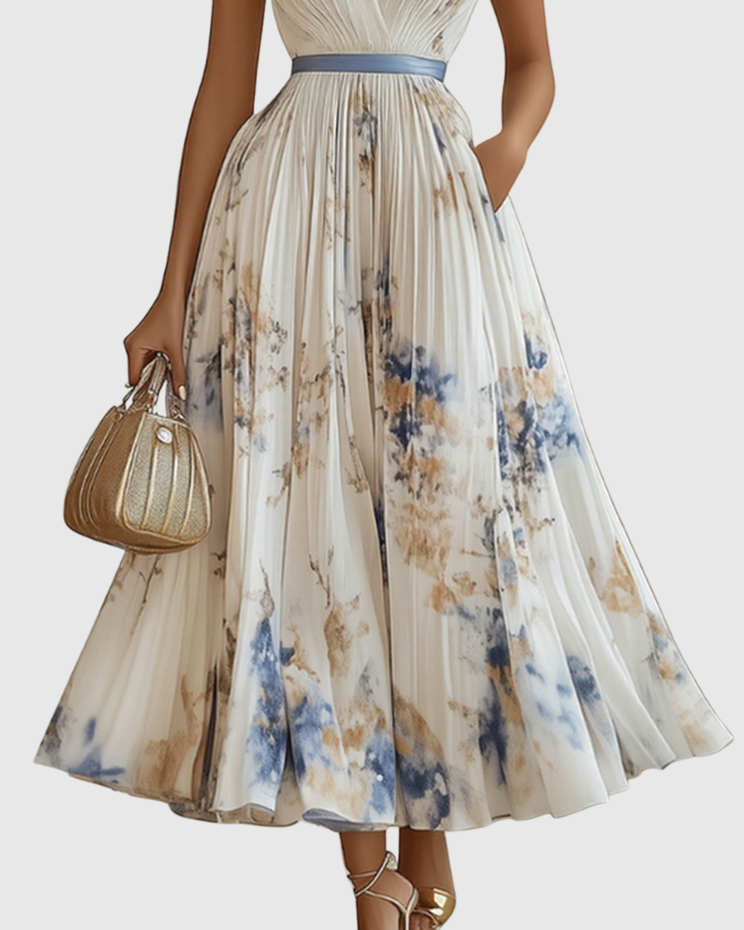 Women's Maxi Dress Cotton Pleated V Neck Floral Print