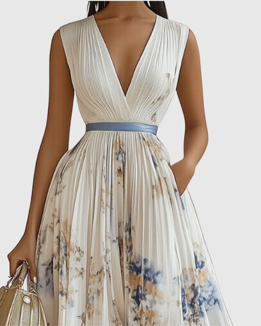 Women's Maxi Dress Cotton Pleated V Neck Floral Print