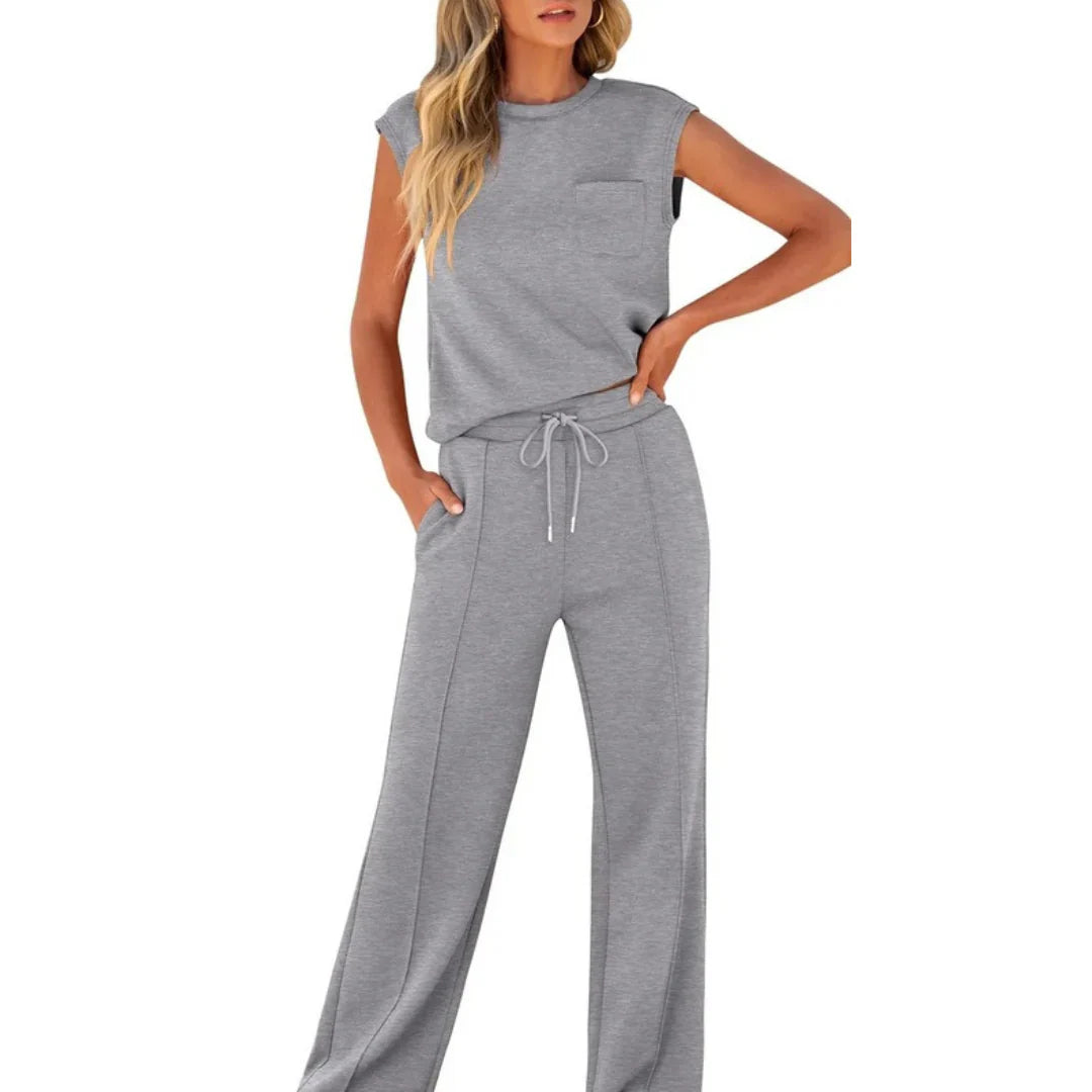 Sleeveless Crop Top Wide Leg Pants Co Ord Set Women Ribbed Fabric Drawstring Waist