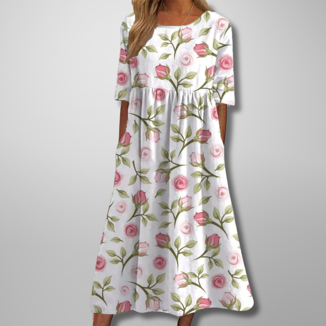 Midi Dress Women Cotton Floral Print Short Sleeve