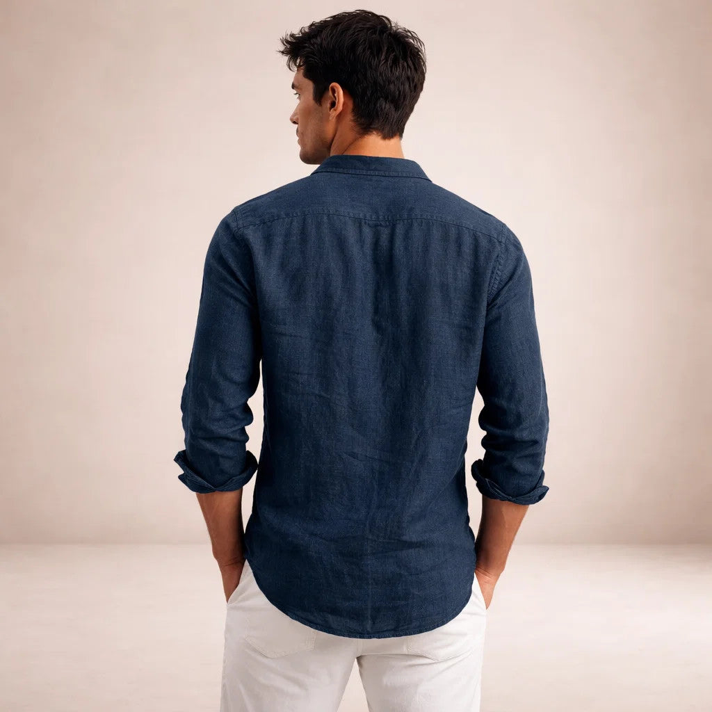 Casual Linen Shirt Men Linen Long Sleeve Open Collar Button Up Straight Fit