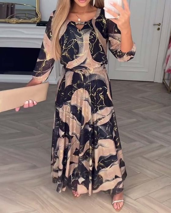 Printed Chiffon Maxi Dress Women Lightweight Breathable Fabric A Line Round Neck