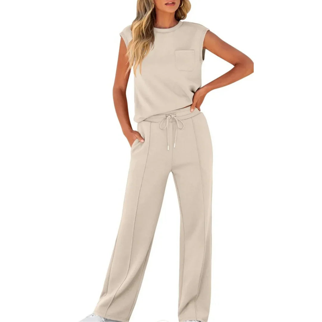 Sleeveless Crop Top Wide Leg Pants Co Ord Set Women Ribbed Fabric Drawstring Waist