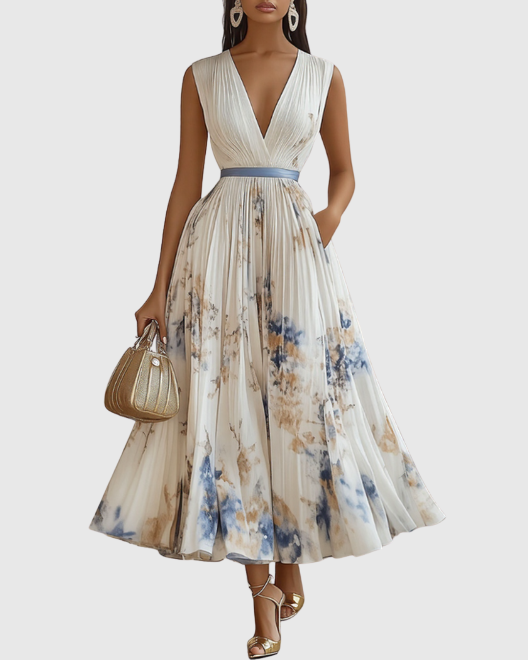 Women's Maxi Dress Cotton Pleated V Neck Floral Print