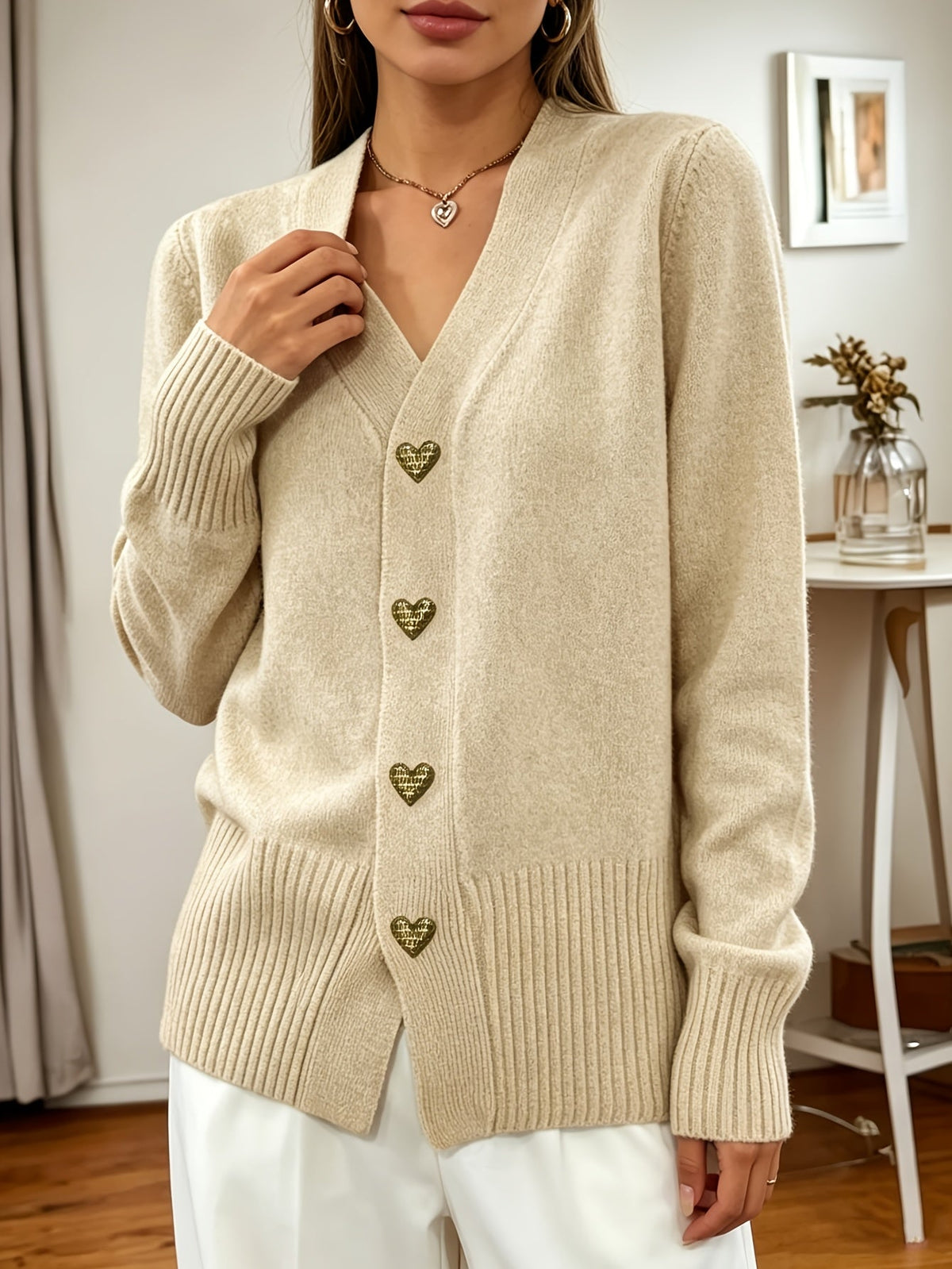 Genevieve | Women's Heart-Button V-Neck Cardigan
