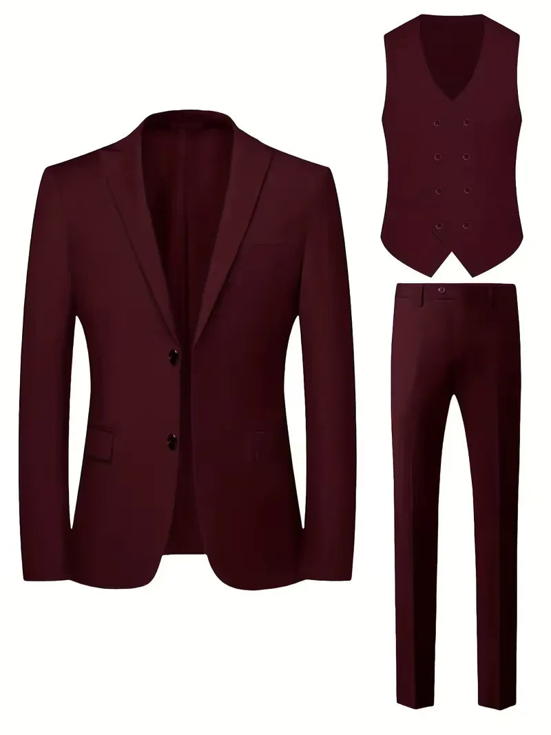 Men's Three Piece Suit Woven Fabric Peak Lapel Double Breasted Waistcoat