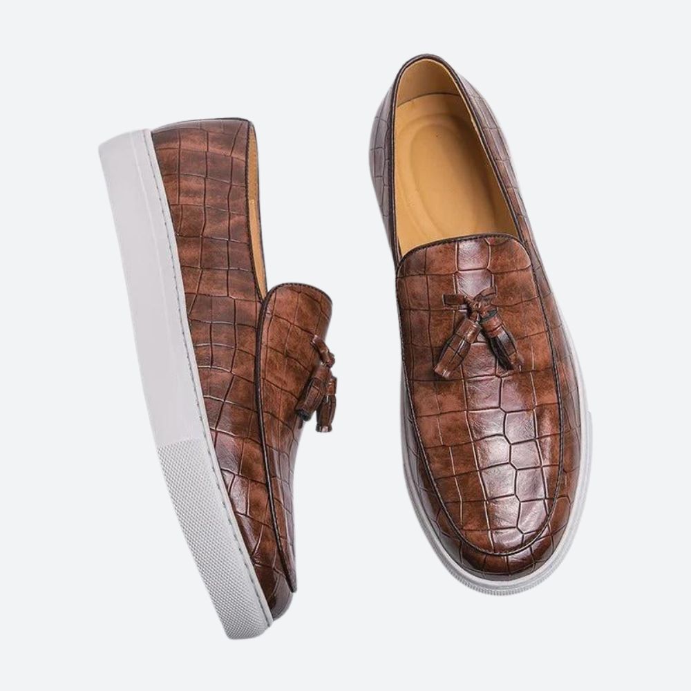 Men's Slip On Loafers Croc Embossed Leather Tassel Platform Sole