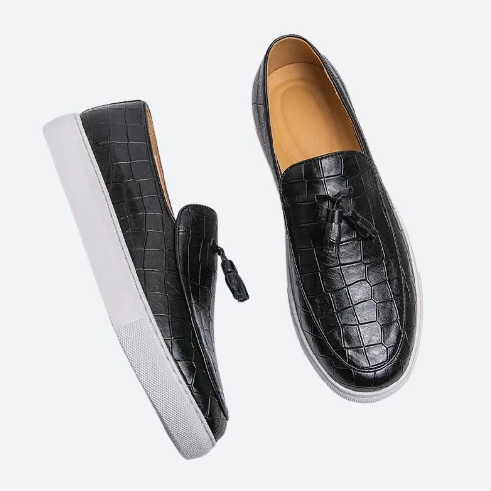 Men's Slip On Loafers Croc Embossed Leather Tassel Platform Sole