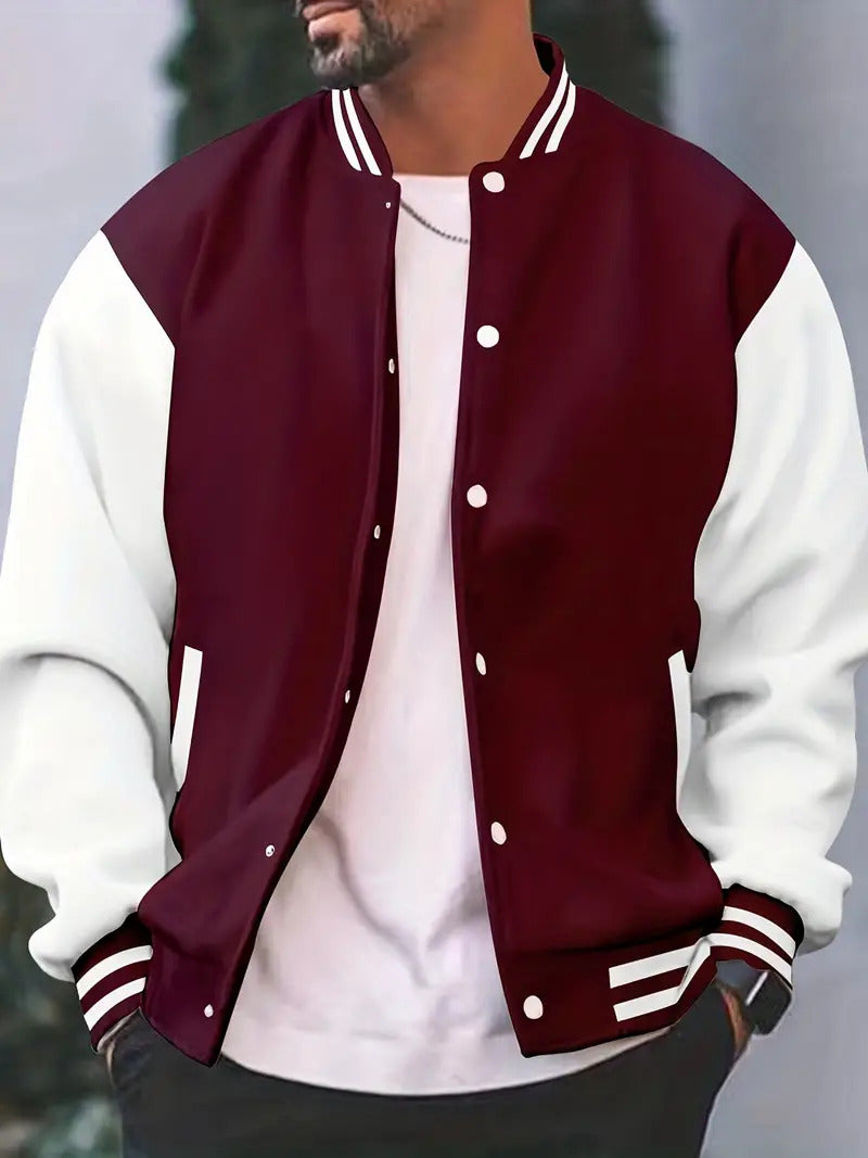 Men's Varsity Jacket, Contrast Sleeve College Style Snap Button Coat