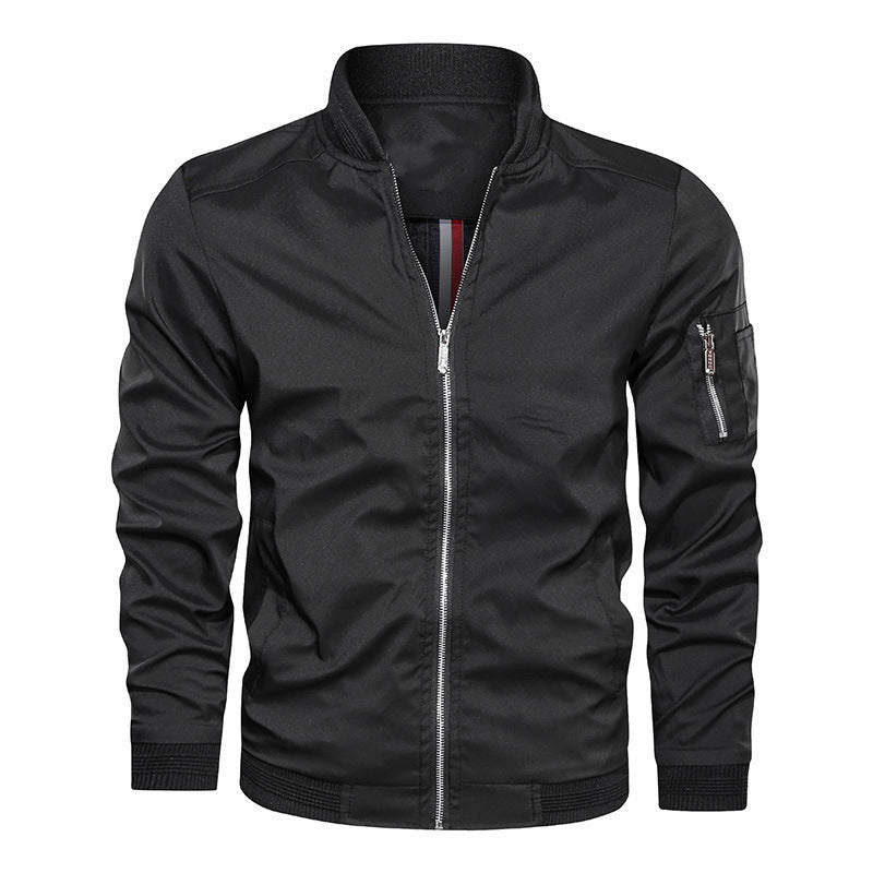 Men's Bomber Jacket, Contrast Ribbed Trim Zip-Up Coat with Sleeve Pocket