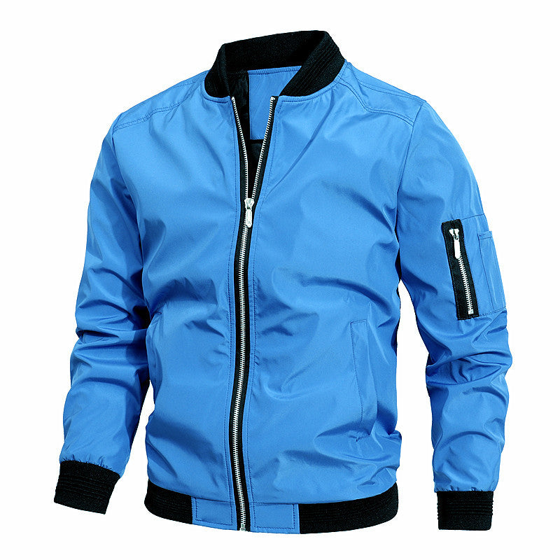Men's Bomber Jacket, Contrast Ribbed Trim Zip-Up Coat with Sleeve Pocket