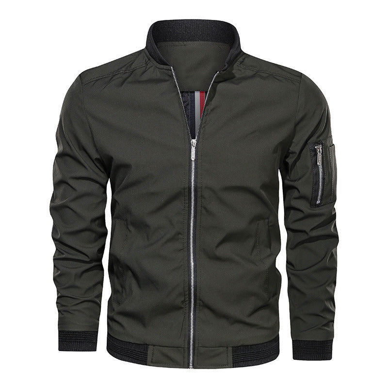 Men's Bomber Jacket, Contrast Ribbed Trim Zip-Up Coat with Sleeve Pocket